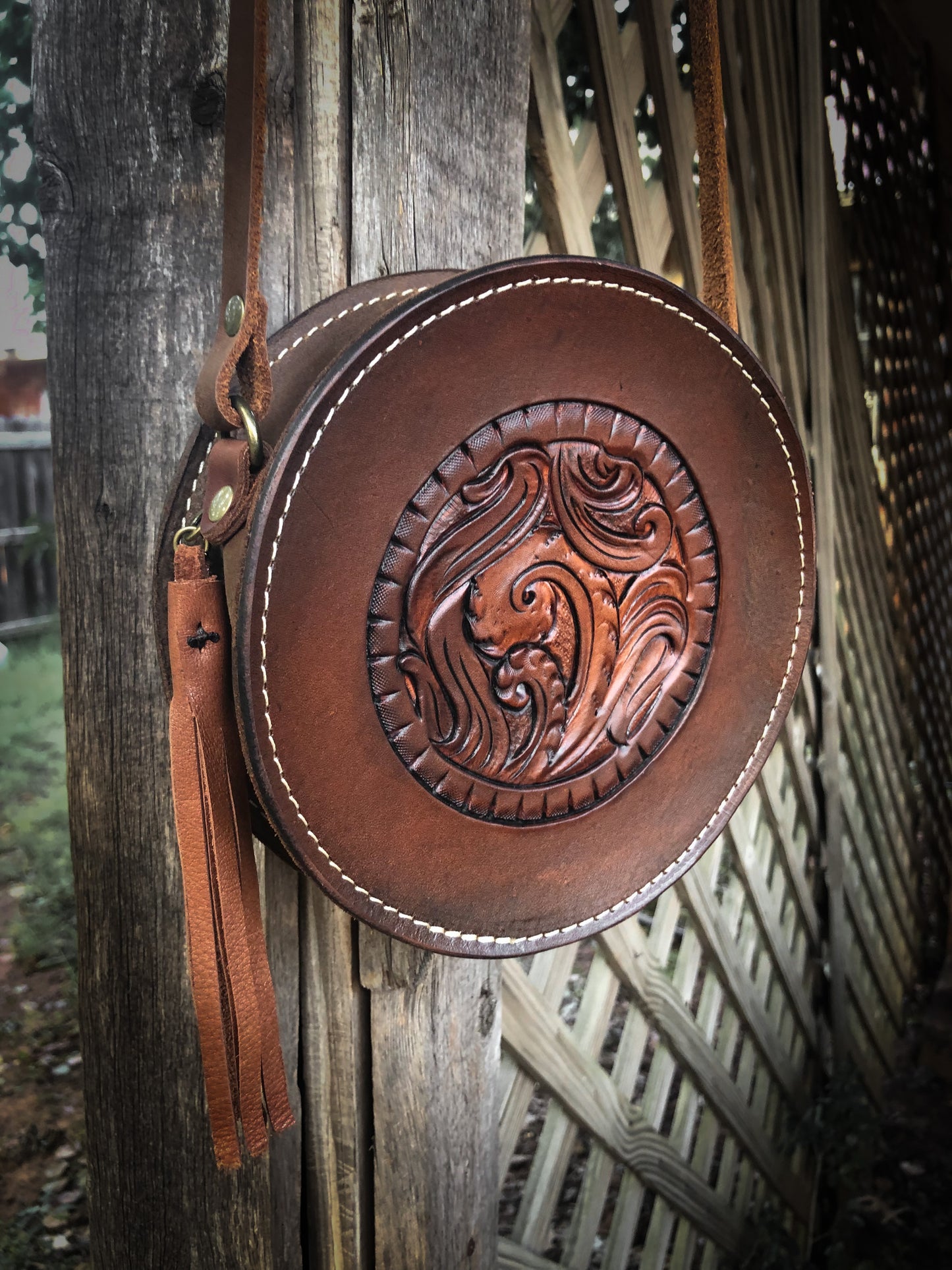 Handcrafted Rustic Round Leather Crossbody Purse
